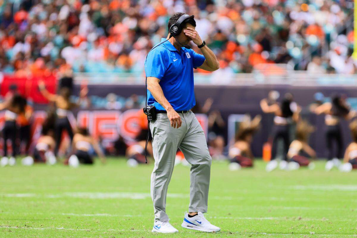 Nov 2, 2024; Miami Gardens, Florida, USA; Duke Blue Devils head coach Many Diaz reacts from the field against the Miami Hurricanes during the second quarter at Hard Rock Stadium. Mandatory Credit: Sam Navarro-Imagn Images