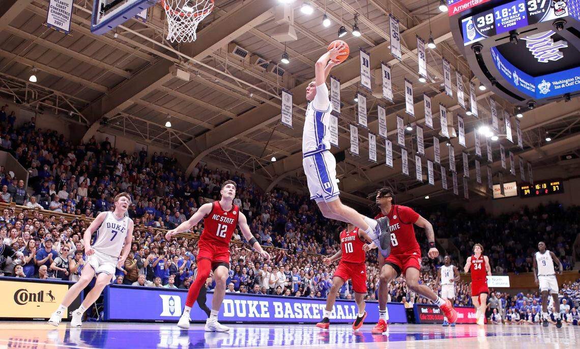 Duke’s Cooper Flagg (2) heads to slam in two during Duke’s 74-64 victory over N.C. State at Cameron Indoor Stadium in Durham, N.C., Monday, Jan. 27, 2025.