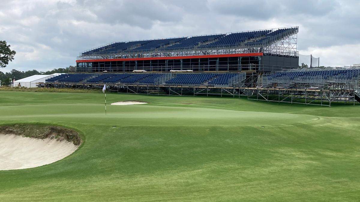 The grandstands continue to go up around the 18th green at Pinehurst No. 2, where the U.S. Open golf championship will be played June 13-16 at Pinehurst Resort and Country Club.