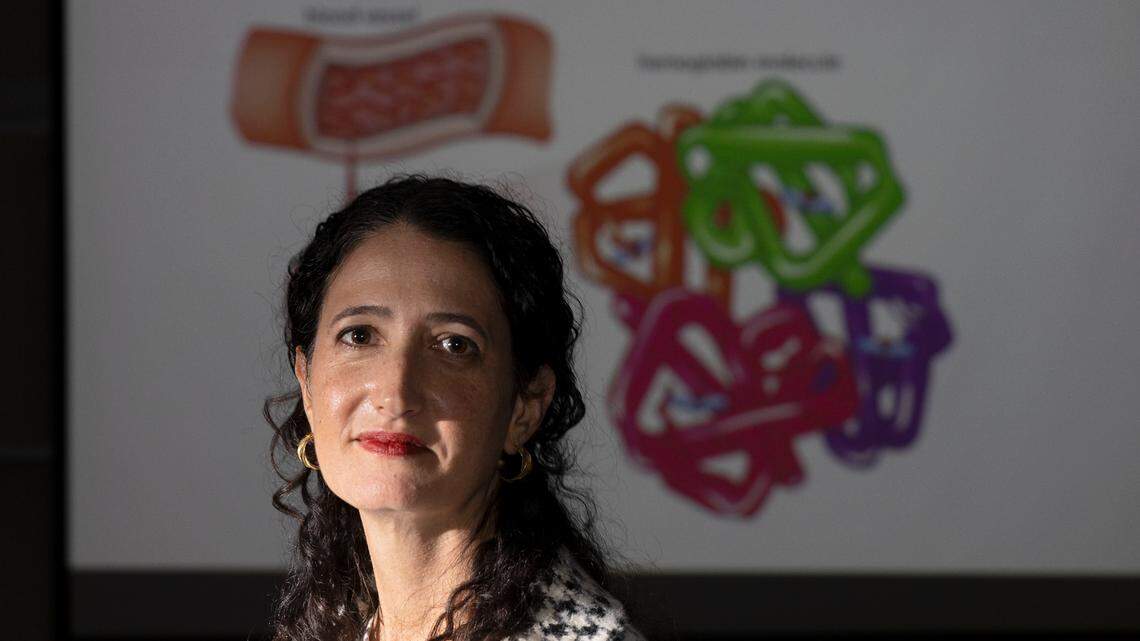 Kelly Hogan, a biology professor at Duke University, is photographed in a lecture hall on campus on Tuesday, Oct. 17, 2023, in Durham, N.C. Hogan, who taught for 18 years at UNC-Chapel Hill, will begin teaching at Duke next semester.