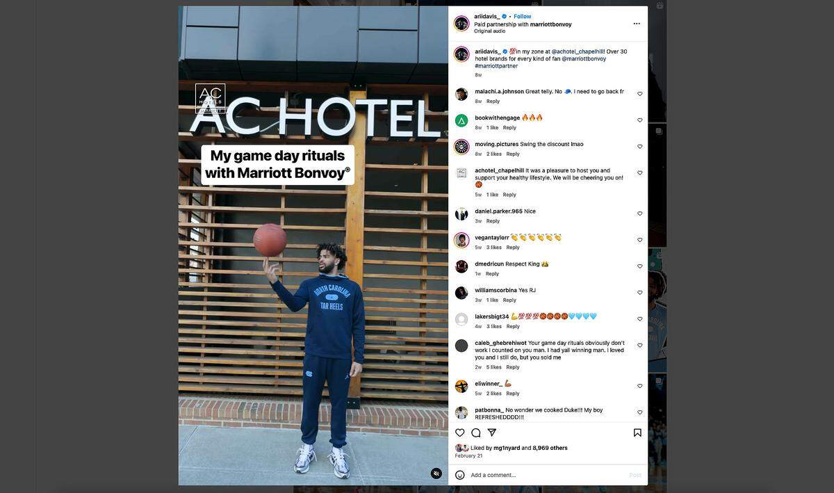 An Instagram post on R.J. Davis’ page promoting Marriott Bonvoy from 2024.