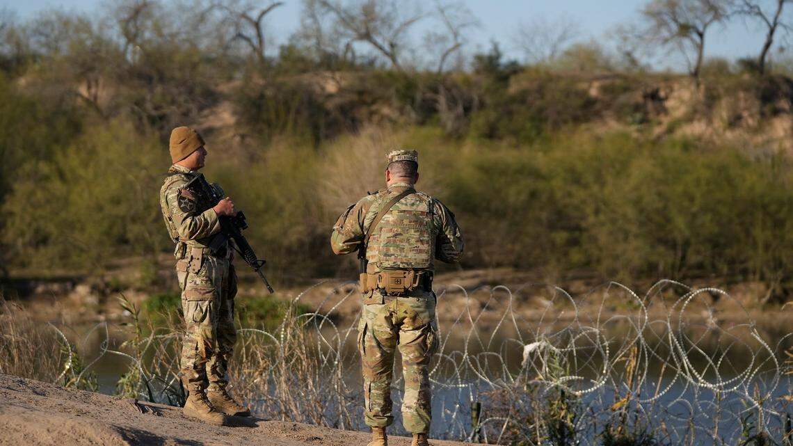 Army National Guard soldiers patrol the banks of the Rio Grande in Eagle Pass on Tuesday January 9, 2024.