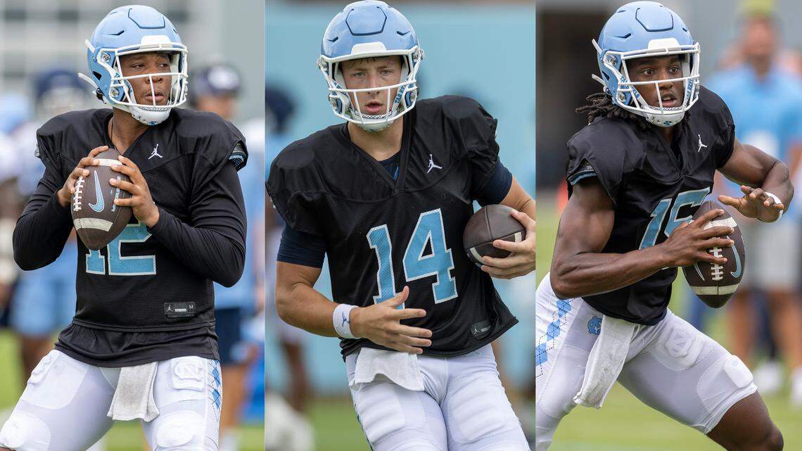 North Carolina quarterbacks Jacolby Criswell (12), Max Johnson (14) and Conner Harrell (15) are competing for the starting position on the 2024 team.