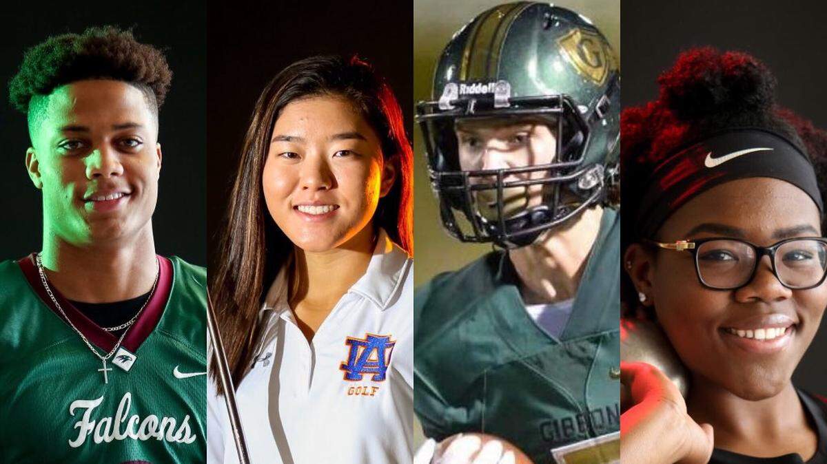 From left to right: The 2017-18 N&O Athletes and Scholar-Athletes of the year are Green Hope’s Jordyn Adams (male athlete); Athens Drive’s Jennifer Chang (female athlete), Cardinal Gibbons’ Jack Biestek (male scholar-athlete) and Wakefield’s Veronica Fraley (female scholar-athlete.