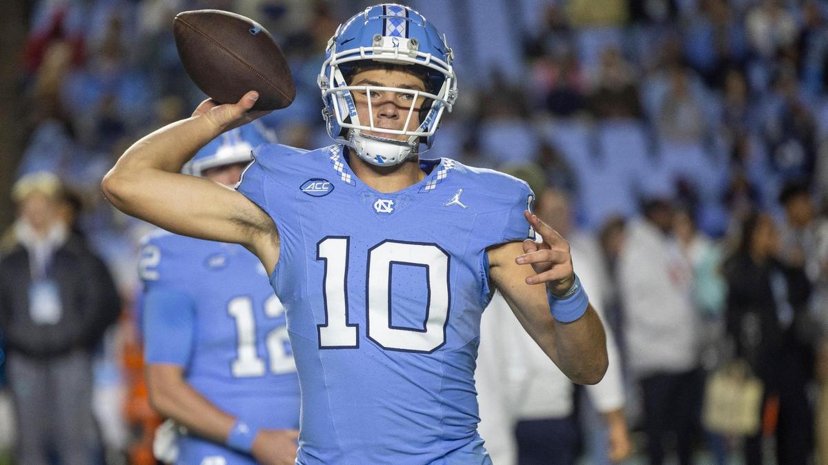North Carolina quarterback Drake Maye (10) warms up for the Tar Heels’ game against Duke on Saturday, Nov. 11, 2023 at Kenan Stadium in Chapel Hill, N.C.