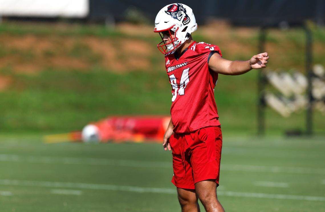 N.C. State’s Kanoah Vinesett (94) prepares to kick during the Wolfpack’s first practice in Raleigh, N.C., Wednesday, July 31, 2024.