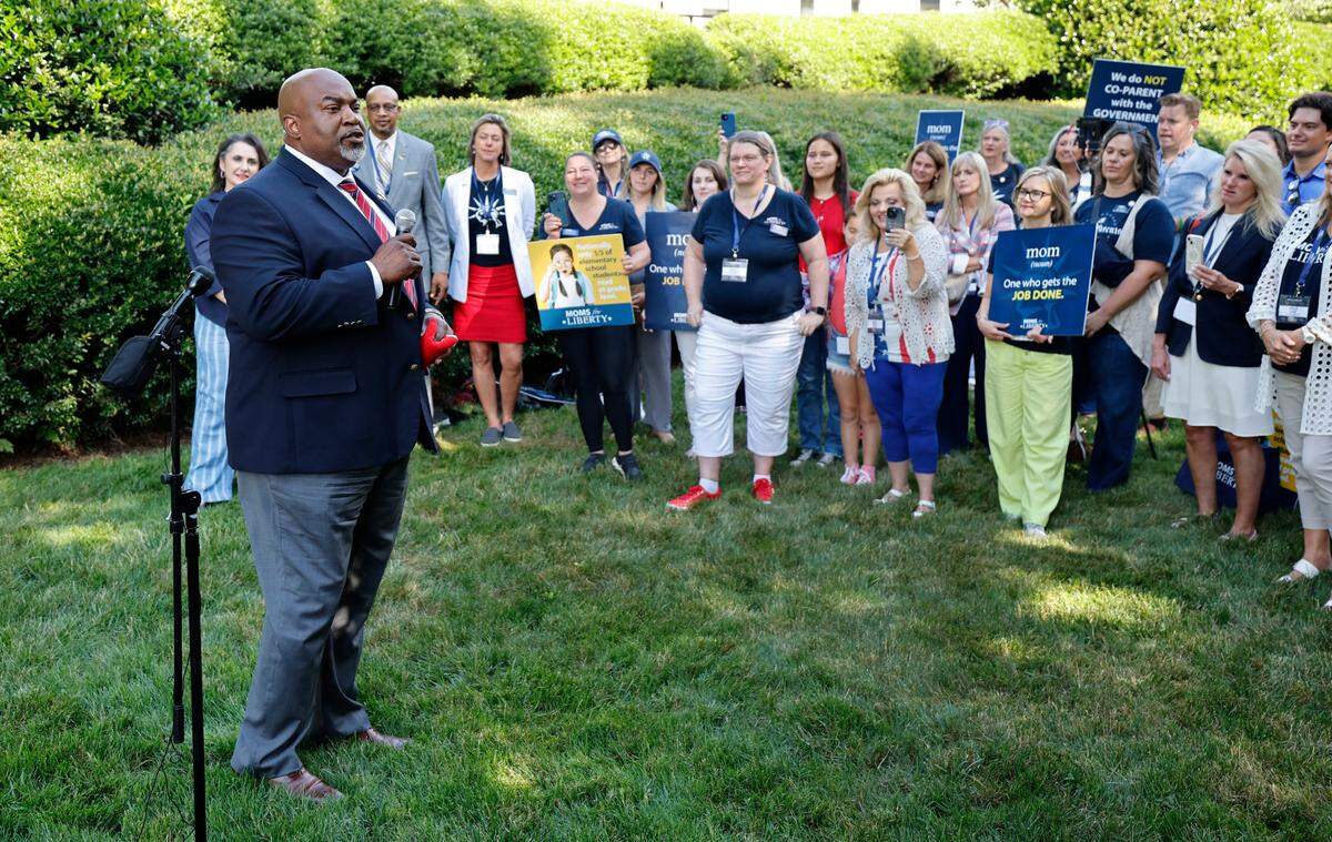 Republican Lt. Gov. Mark Robinson, who is running for governor, speaks at a Moms for Liberty rally outside the Legislative Building in Raleigh, N.C., Wednesday, June 12, 2024.