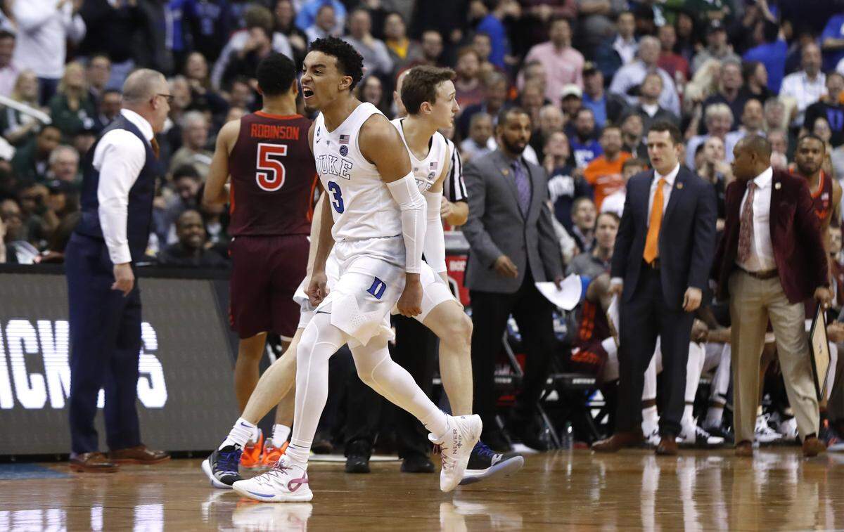 Duke’s Tre Jones (3) celebrates as a timeout is taken in the second half of Duke’s 75-73 victory over Virginia Tech in their NCAA Sweet 16 game in Washington, D.C., Friday, March 29, 2019.