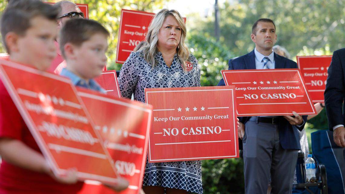 Joni Robbins of Nashville, N.C., listens during a press conference outside the N.C. Legislative Building on Sept. 5, 2023. A group of residents of Rockingham and Nash counties spoke out against proposed casinos during a press conference outside the Legislative Building.