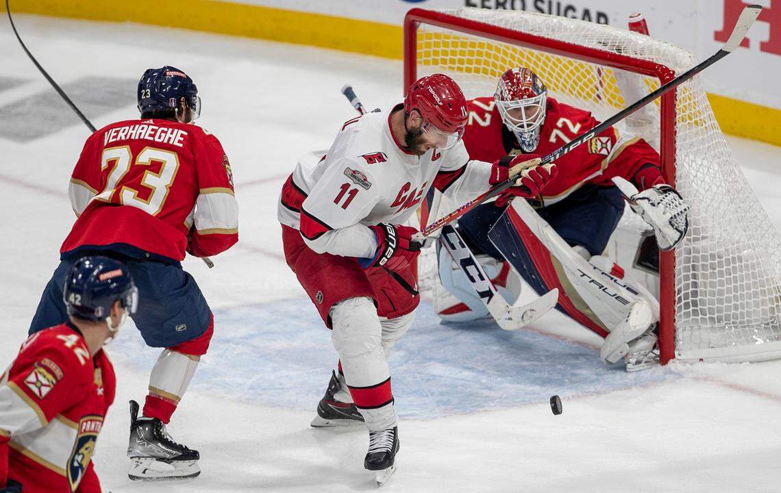 The Carolina Hurricanes Jordan Staal (11) works to get his stick a shot on Florida Panther goalie Sergei Bobrovsky (72) in the third period of Game 3 during the Eastern Conference Finals on Monday, May 22, 2023 at FLA Live Arena in Sunrise, Fla.