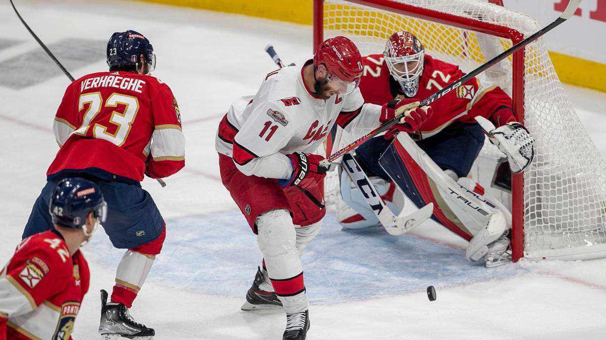 The Carolina Hurricanes Jordan Staal (11) works to get his stick a shot on Florida Panther goalie Sergei Bobrovsky (72) in the third period of Game 3 during the Eastern Conference Finals on Monday, May 22, 2023 at FLA Live Arena in Sunrise, Fla.