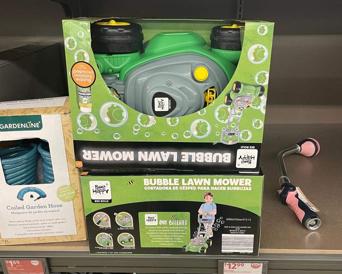 Bubbles float out of this lawn mower-shaped toy, which features “rugged tire construction.” It was sold at Aldi for $12.99.