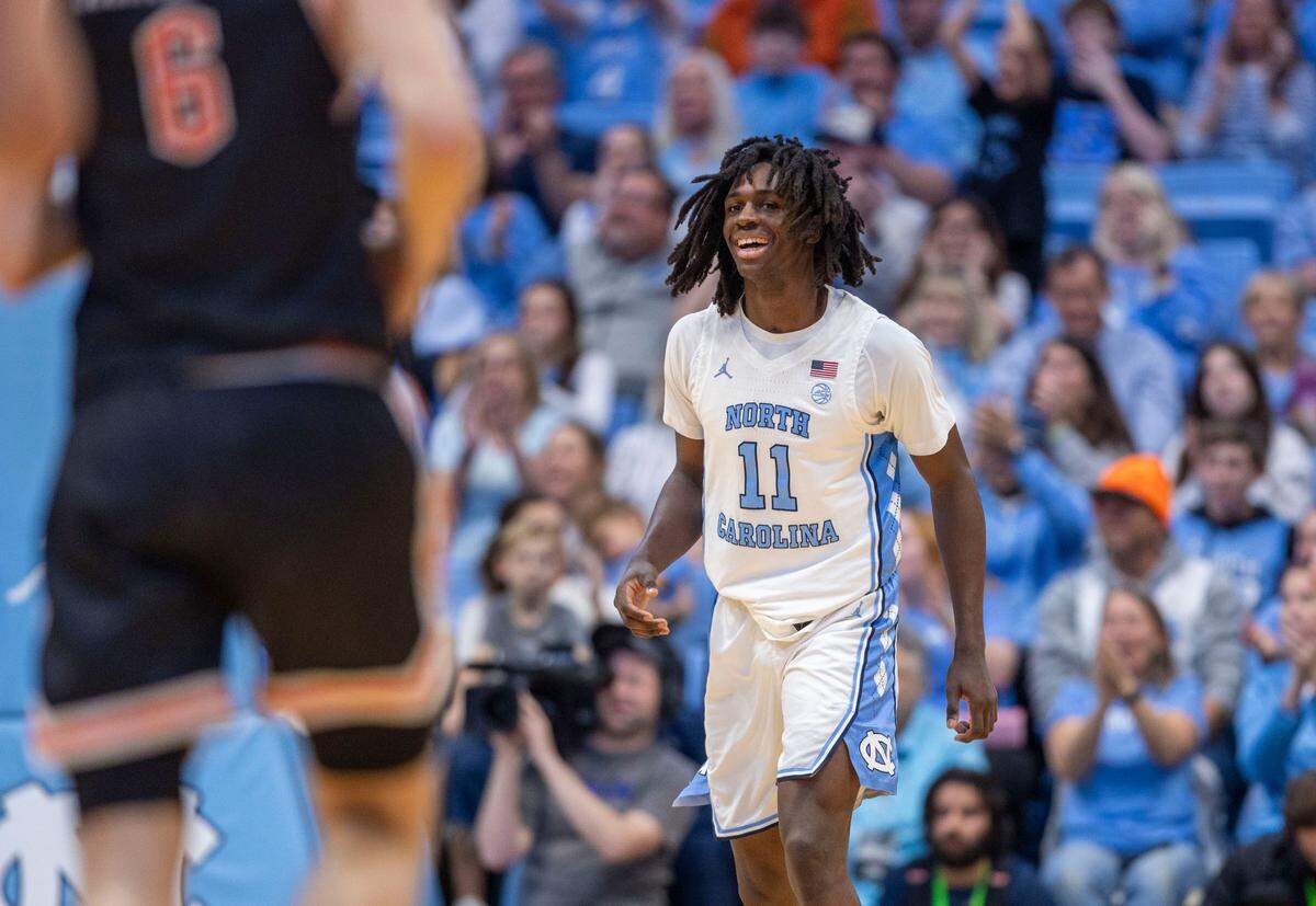 North Carolina guard Ian Jackson (11) reacts after a basket in the second half against Campbell. Jackson scored a game high 26 points in the Tar Heels’ 97-81 victory on Sunday, December 29, 2024 at the Smith Center in Chapel Hill, N.C.