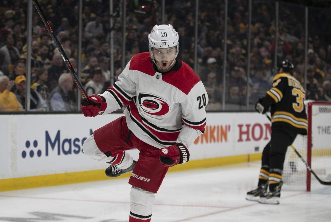 Carolina Hurricanes’ Sebastian Aho (20) celebrates after scoring on Boston Bruins’ goalie Tuukka Rask (40) to tie the score 1-1 during the first period in Game One of the Eastern Conference Finals on Thursday, May 9, 2019 at TD Garden in Boston, Mass.
