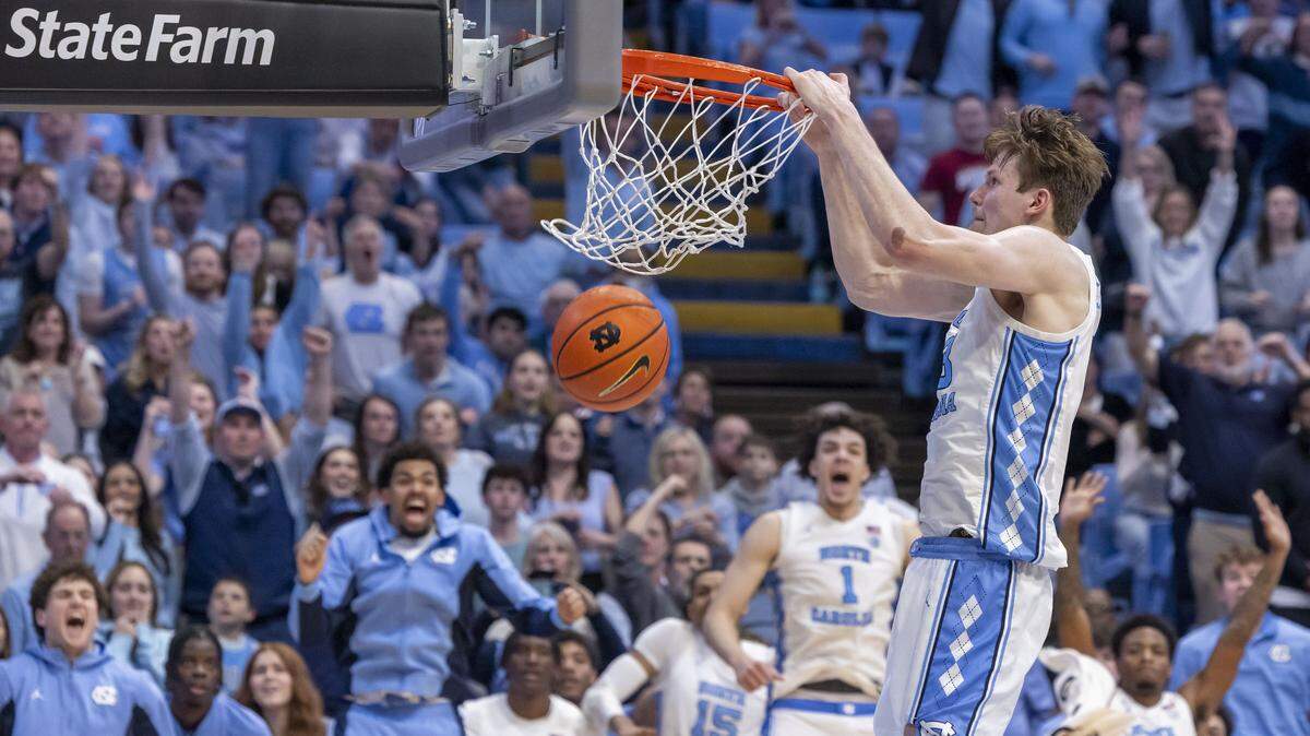 North Carolina center Henri Veesaar (13) gets a dunk in the second half against Virginia Tech on Saturday, February 28, 2026 at the Smith Center in Chapel Hill, N.C.  Veesaar lead all scores with 26 points. 