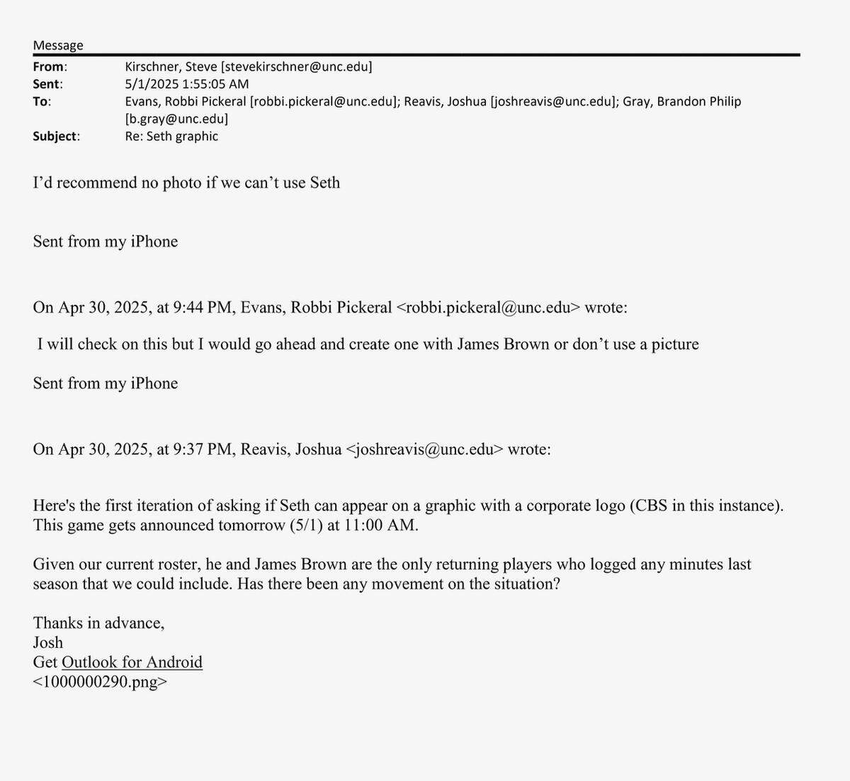 An internal North Carolina athletic department email discusses the use of Seth Trimble’s image in a schedule-release graphic.