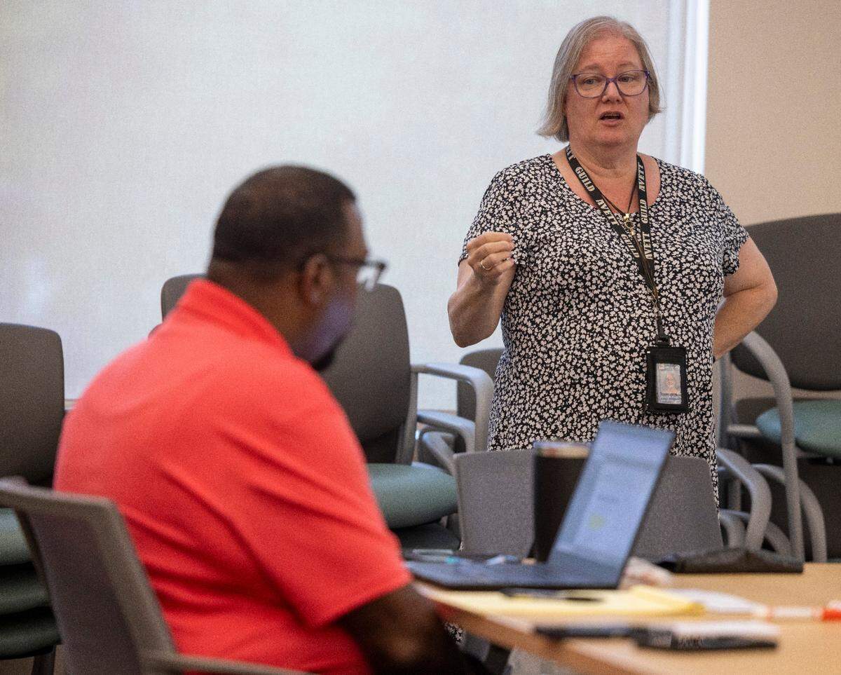 Jolee M. Faison, a Wake County Child Welfare Trainer, teaches a class for social workers focusing on diversity, equity, inclusion and justice at the Wake County Health & Human Services on Swinburne Street on Monday, June 24, 2024 in Raleigh, N.C.