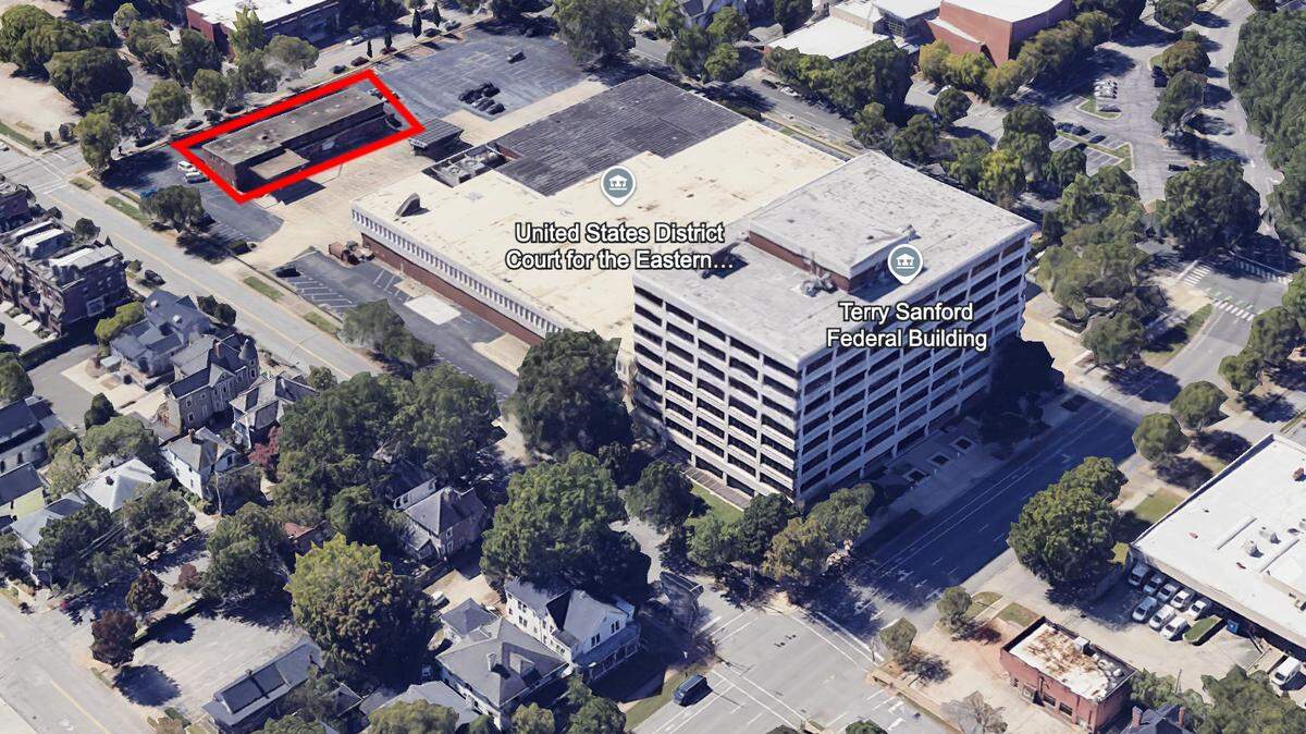 A 6,215-square-foot building (outlined in red) behind Federal Courthouse in Raleigh that was once a vehicle maintenance building