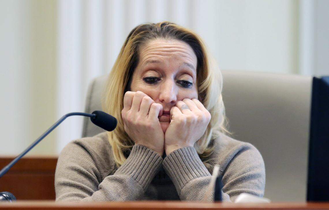 Lisa Britt pauses before answering a question during the public evidentiary hearing on the 9th Congressional District investigation Monday, Feb. 18, 2019, at the North Carolina State Bar in Raleigh.