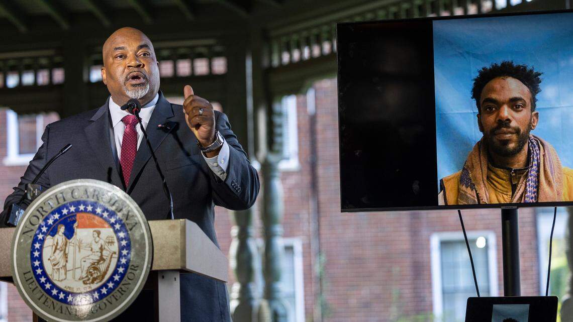 North Carolina Republican Lt. Gov. Mark Robinson, a gubernatorial candidate, speaks during a press conference at the Office of the Lieutenant Governor in Raleigh on Monday, March 18, 2024. Robinson urged the federal government to provide state leaders with additional information regarding a man arrested in Gates County last week after a standoff with law enforcement.