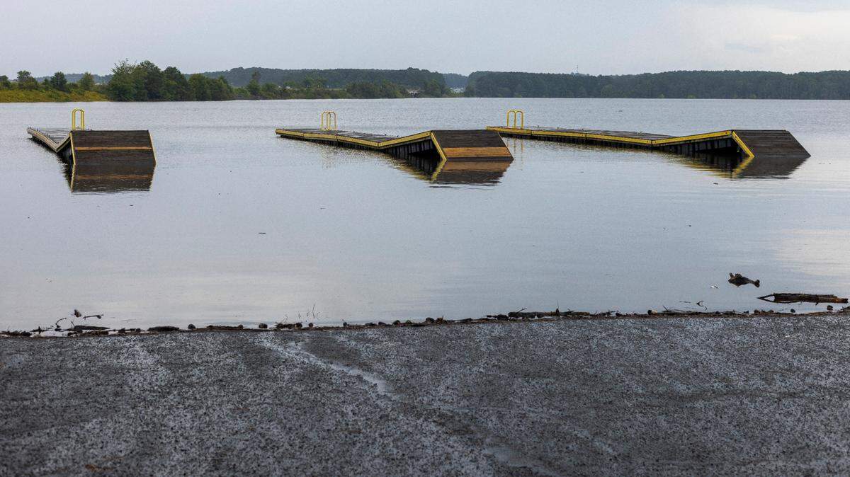 The flooded Seaforth Recreation Area boat ramps at B. Everett Jordan Lake on Tuesday, August 13, 2024 in Chatham County, N.C. The State Park has closed recreation areas until the water recedes after record rainfall from Tropical Storm Debby flooded the lake.