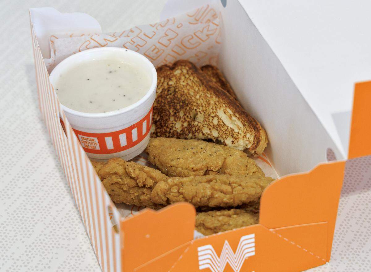 Whatachick'n Strips with Texas toast and gravy come in a box with Whataburger’s signature orange and white stripes. 