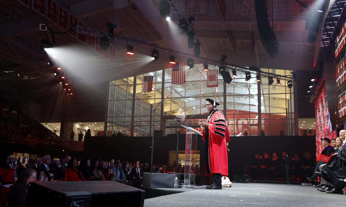 N.C. State Chancellor Kevin Howell speaks after he took the oath of office during his installation ceremony at Reynolds Coliseum in Raleigh, N.C. Thursday, Oct. 30, 2025.