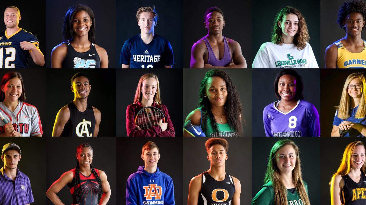 Here are 18 of this year’s 24 N&O Players of the Year in their respective sports. From top left across: D.H. Conley’s Holton Ahlers (football); Panther Creek’s Morgan Smalls (girls outdoor track & field); Heritage’s Trevor Berk (boys soccer); Carrboro’s Quincy Monday (wrestling); Leesville Road’s Grace Countie (girls swimming); Garner’s Randolph Ross (boys track and field). Second row from left: North Johnston’s Jada Santiago (softball); Cary Academy’s Coleman Mitchell (boys cross country); Green Hope’s Katie Andreini (girls tennis); Southeast Raleigh’s Kyna Robinson (girls indoor track & field); Carrboro’s Destiny Cox (volleyball); Garner’s Kayla Ward (girls golf). Third row from left: Pinecrest’s A.J. Beechler (boys golf); Rolesville’s Nhyla Bryant (gymnastics); Athens Drive’s Zach Brown (boys swimming); Orange’s Jamar Davis (boys outdoor track & field); Cardinal Gibbons’ Gabby Young (girls lacrosse); Apex’s Calli Parlier (girls cross country).