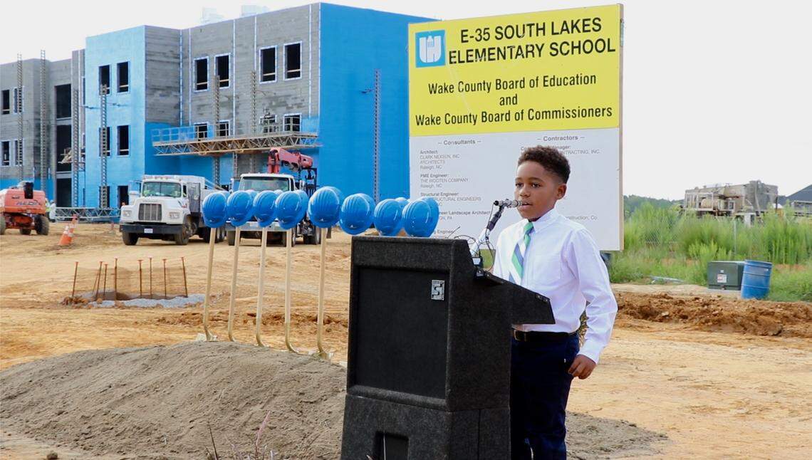 Cayden Gregory, a student at Willow Springs Elementary School, speaks at the Aug. 28, 2019 groundbreaking ceremony for South Lakes Elementary School in Fuquay-Varina, N.C.