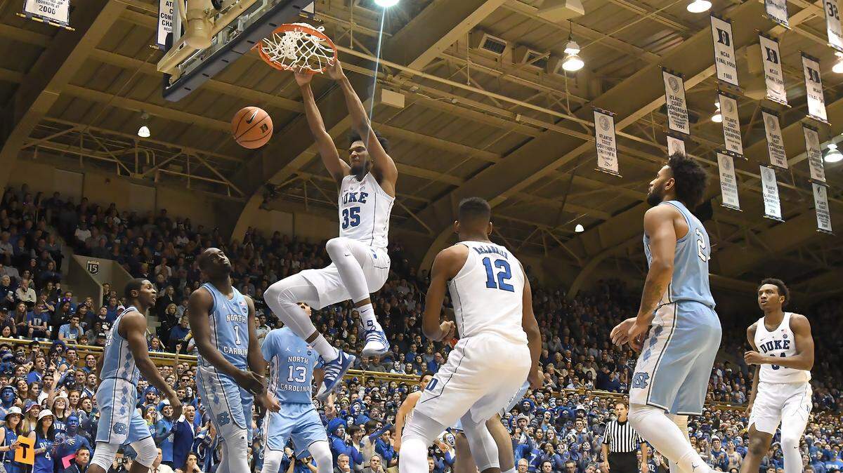Duke's  Marvin Bagley III (35) scores with a second half dunk. Bagley led the Blue Devils with 21 points. Duke defeated UNC 74-64 at Cameron Indoor Stadium In Durham, N.C. Saturday, March 3, 2018.