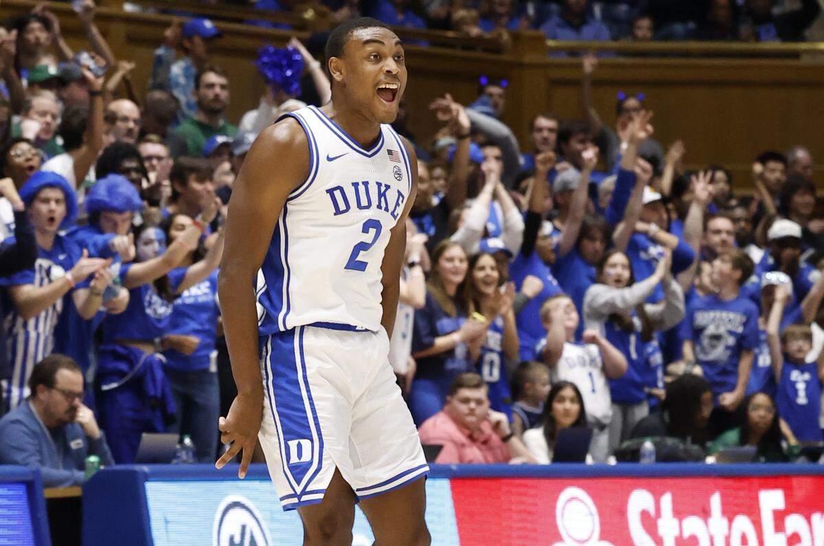 Duke’s Jaylen Blakes (2) celebrates hitting a three-pointer during the second half of Duke’s 80-56 victory over Charlotte at Cameron Indoor Stadium in Durham, N.C., Saturday, Dec. 9, 2023.