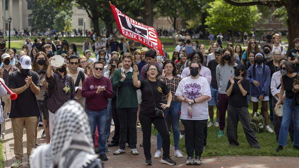 More than 100 students, faculty and supporters of free speech rally in support of UNC associate professor Dwayne Dixon, who has been placed on administrative leave, on Wednesday, October 1, 2025 in Chapel Hill, N.C.