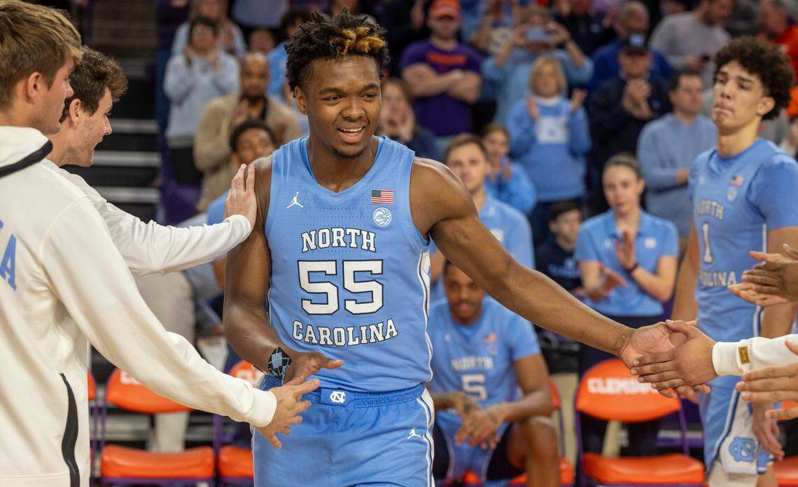 North Carolina’s Harrison Ingram (55) is introduced into the starting lineup against Clemson on Saturday, January 6, 2024 at Littlejohn Coliseum in Clemson, S.C.