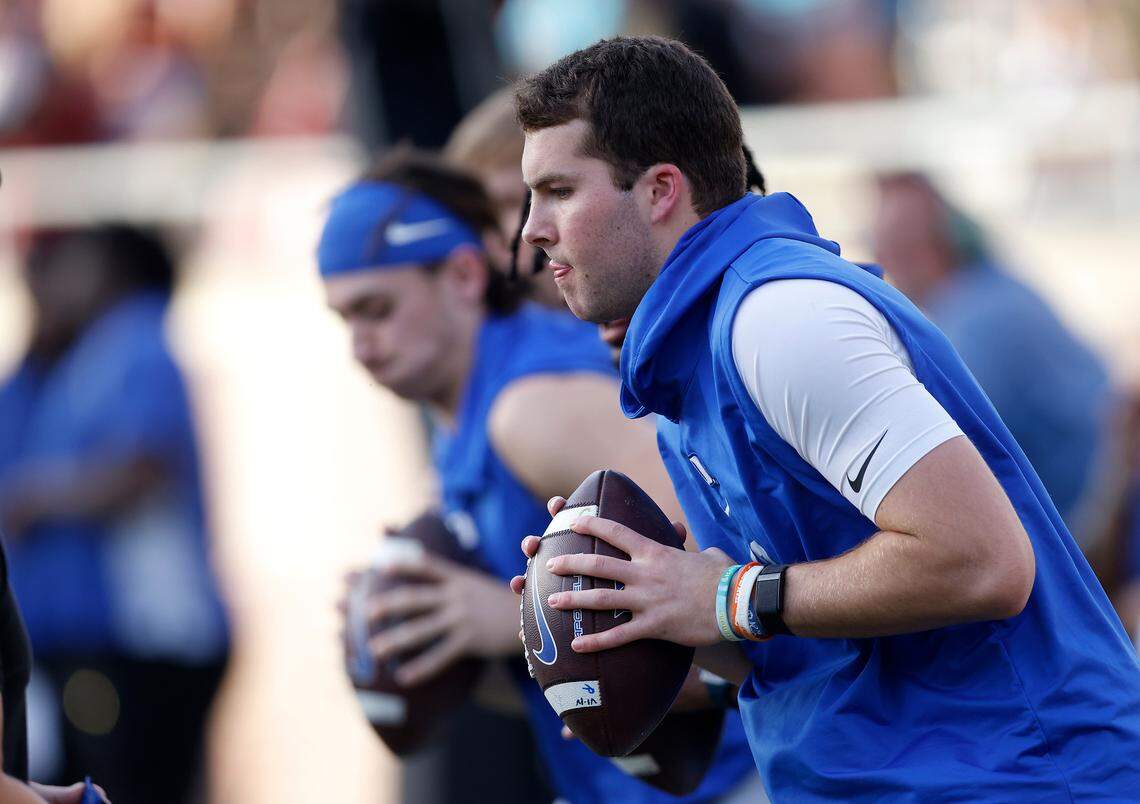 Duke’s Riley Leonard warms up before the Blue Devils’ game against Florida State on Saturday, Oct. 21, 2023, in Tallahassee, Fla.