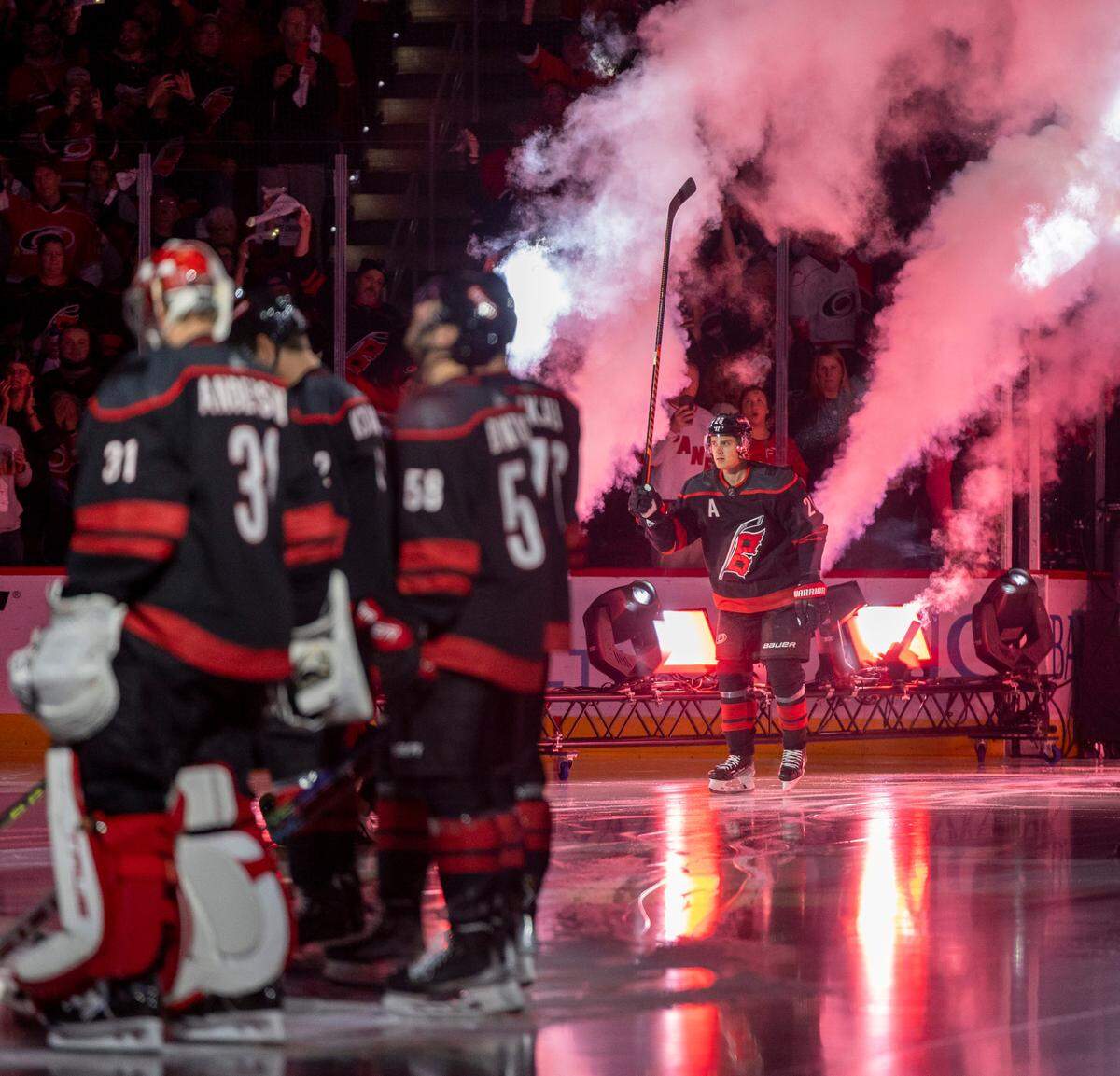 The Carolina Hurricanes Sebastian Aho (20) is introduced prior to the season home opener against Ottawa on Wednesday, October 11, 2023 at PNC Arena, in Raleigh N.C.