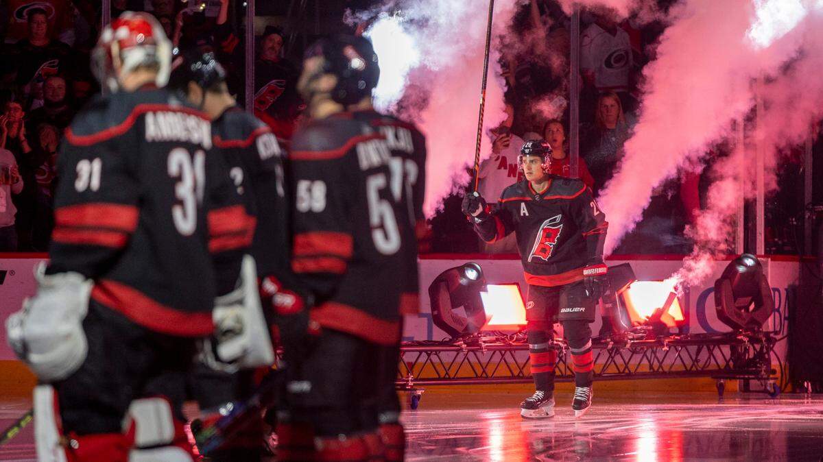 The Carolina Hurricanes Sebastian Aho (20) is introduced prior to the season home opener against Ottawa on Wednesday, October 11, 2023 at PNC Arena, in Raleigh N.C.