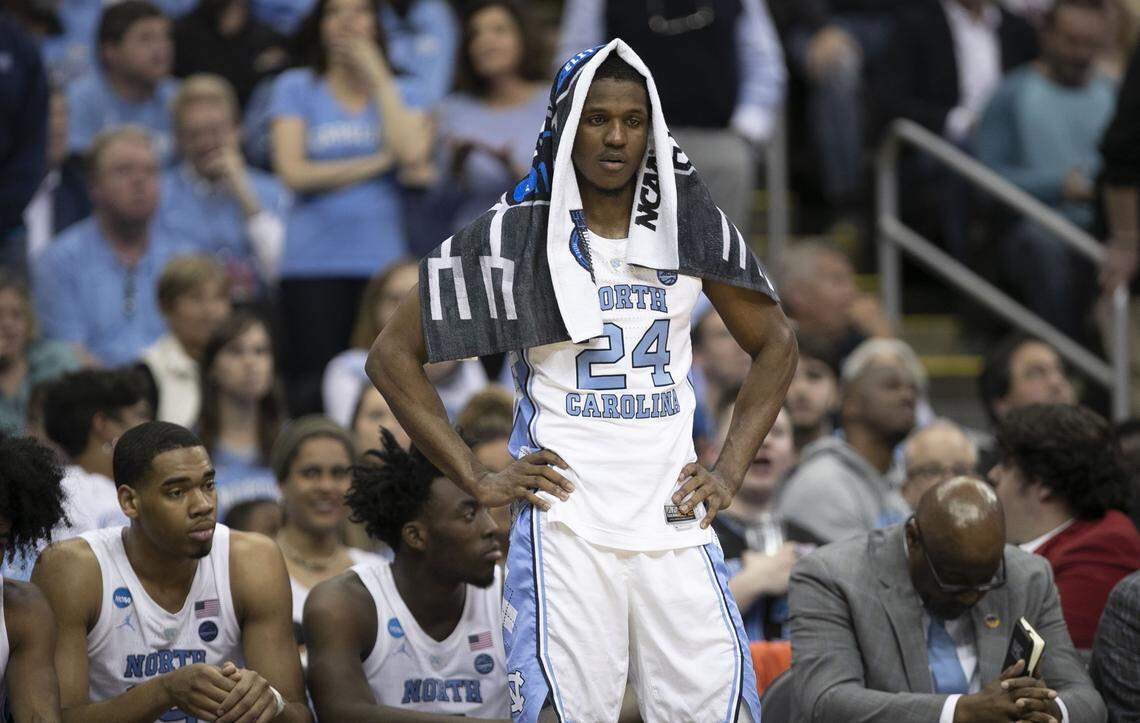 North Carolina’s Kenny Williams (24) hangs his head after being taken out of the game in the final minutes of play as Auburn rolled to a 97-80 victory on Friday, March 29, 2019 at the Sprint Center in Kansas City, Missouri.