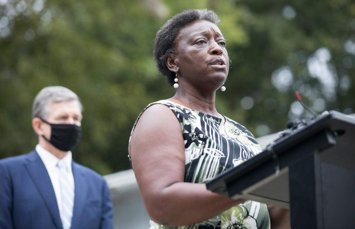 Community School for People Under Six director Anna Mercer-McLean speaks during a press conference at the school in Carrboro, N.C. alongside Gov. Roy Cooper on Thursday, Oct. 7, 2021.