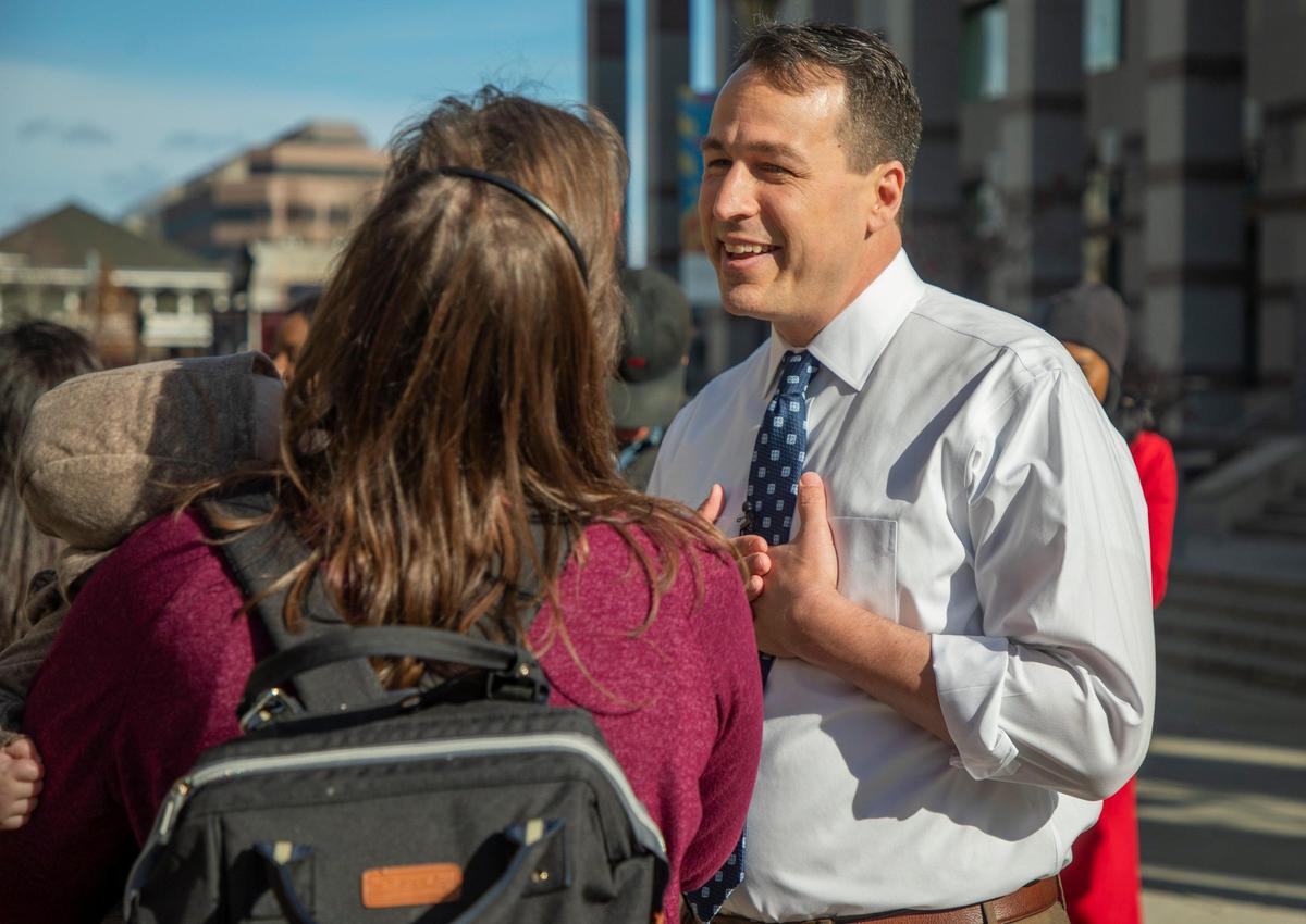 Former state senator Democrat Cal Cunningham greets supporters after formally announcing his candidacy filing for the 2020 U.S. Senate race against incumbent Republican Sen. Thom Tillis, on Monday, Dec 2, 2019, in Raleigh, NC.