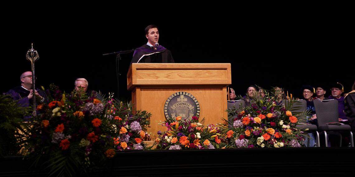 North Carolina Attorney General Jeff Jackson addresses graduates of the Campbell University School of Law, Friday, May 9, 2025.