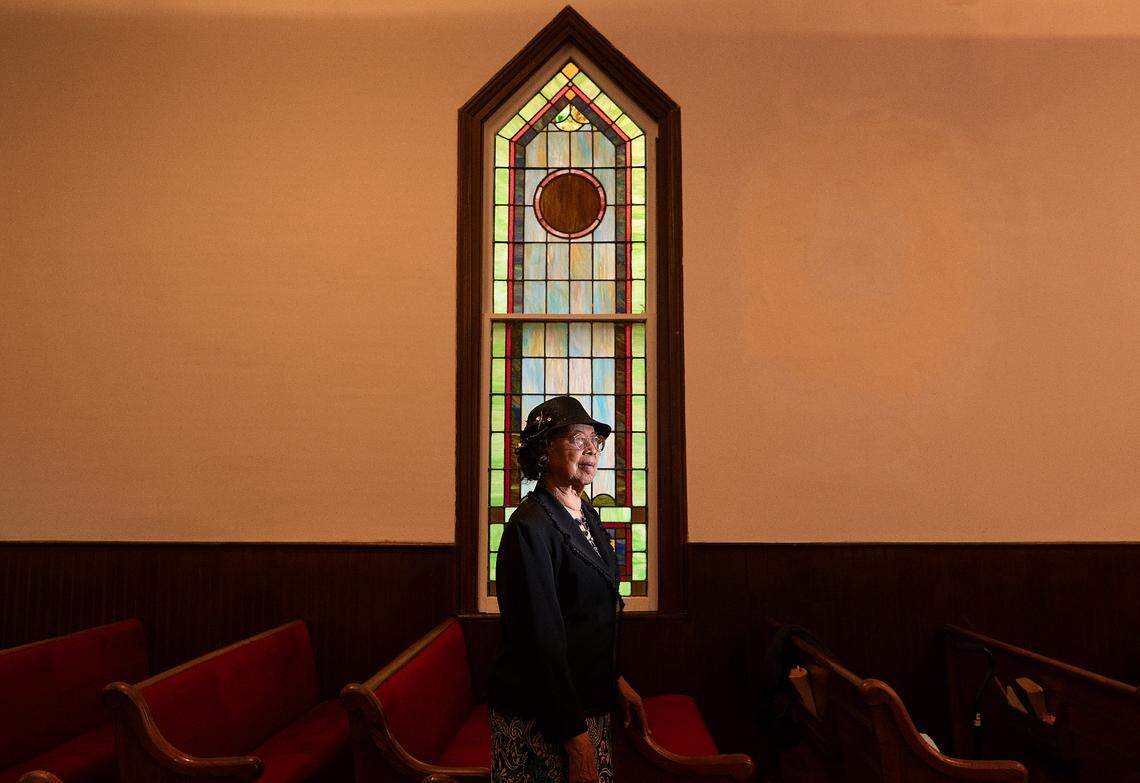Myrtle Mayo, 92, is photographed at Dickerson Chapel AME Church on Sunday, April 21, 2024, in Hillsborough, N.C.