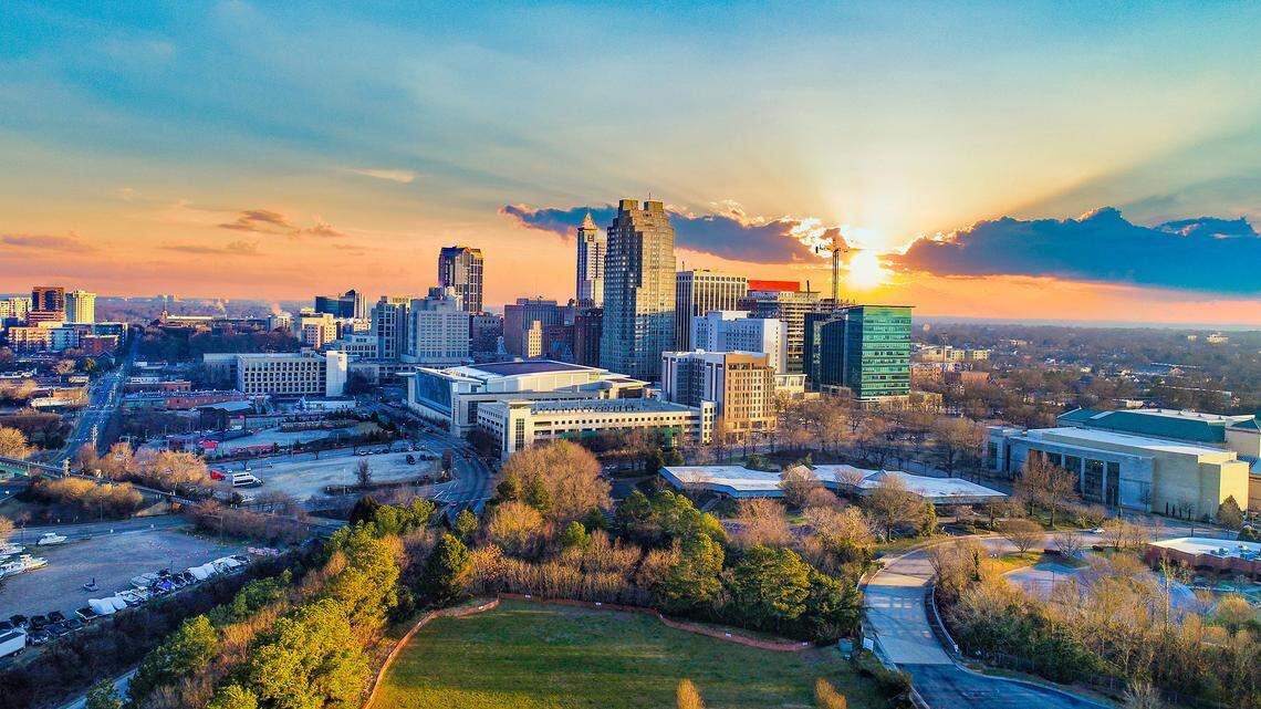 Downtown Raleigh, North Carolina, USA Drone Skyline Aerial.