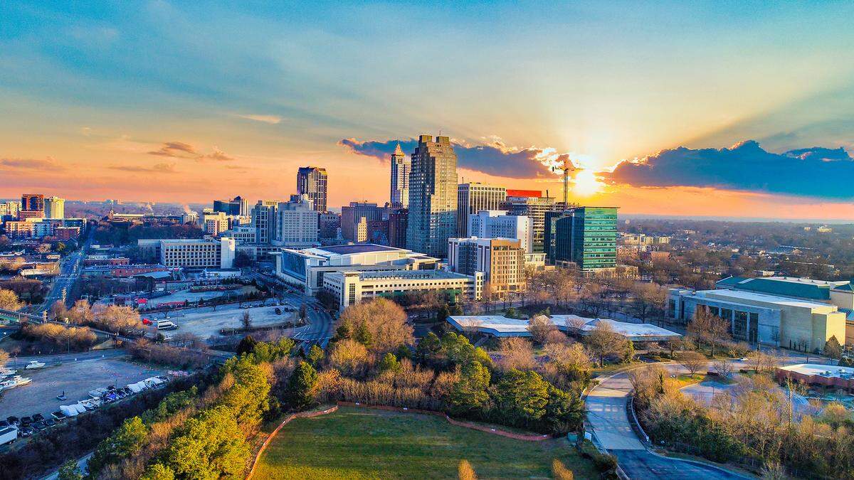 Downtown Raleigh, North Carolina, USA Drone Skyline Aerial.