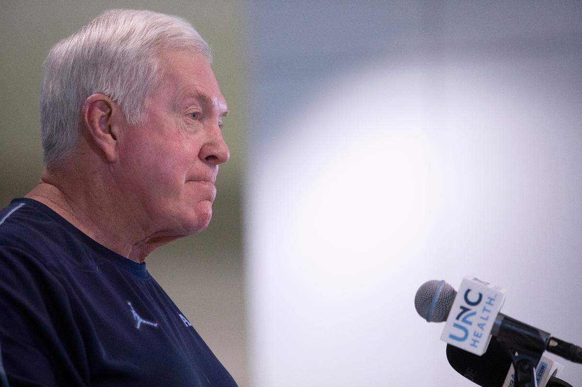 UNC head football coach Mack Brown listens to a question during a press conference on Monday, Sept. 23, 2024, in Chapel Hill, N.C.
