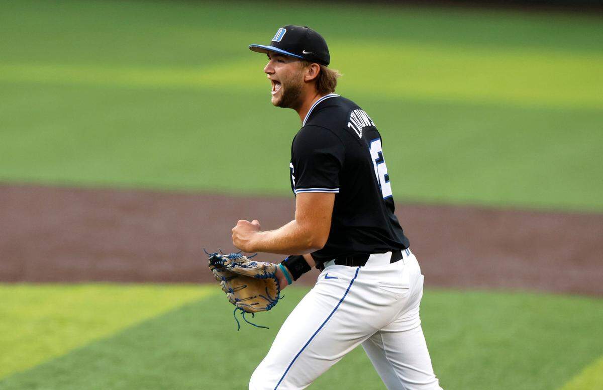 Duke’s Henry Zatkowski (12) celebrates after striking out a player to end the inning during Duke’s game against Murray State in the third game of the Durham Super Regional at Jack Coombs Field in Durham, N.C., Monday, June 9, 2025.