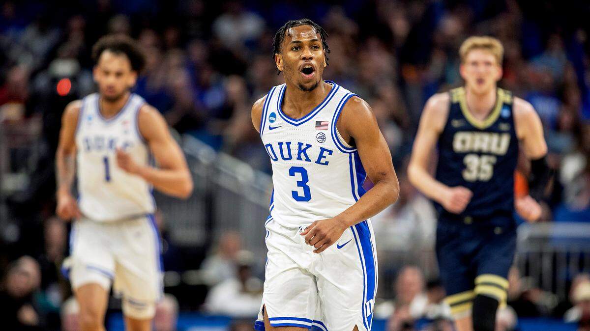 Duke’s Jeremy Roach (3) reacts after sinking a three point basket against Oral Roberts in the first half during the first round of the NCAA Tournament on Thursday, March 16, 2023 at the Amway Center in Orlando, Fla