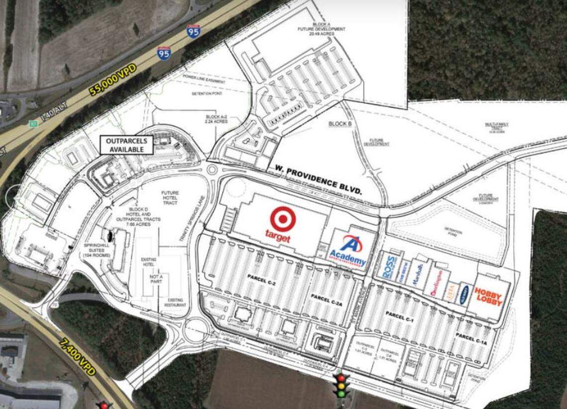 This rendering shows retailers at Eastfield, a development located near Interstate 95 and Highway 70A in Selma, North Carolina.