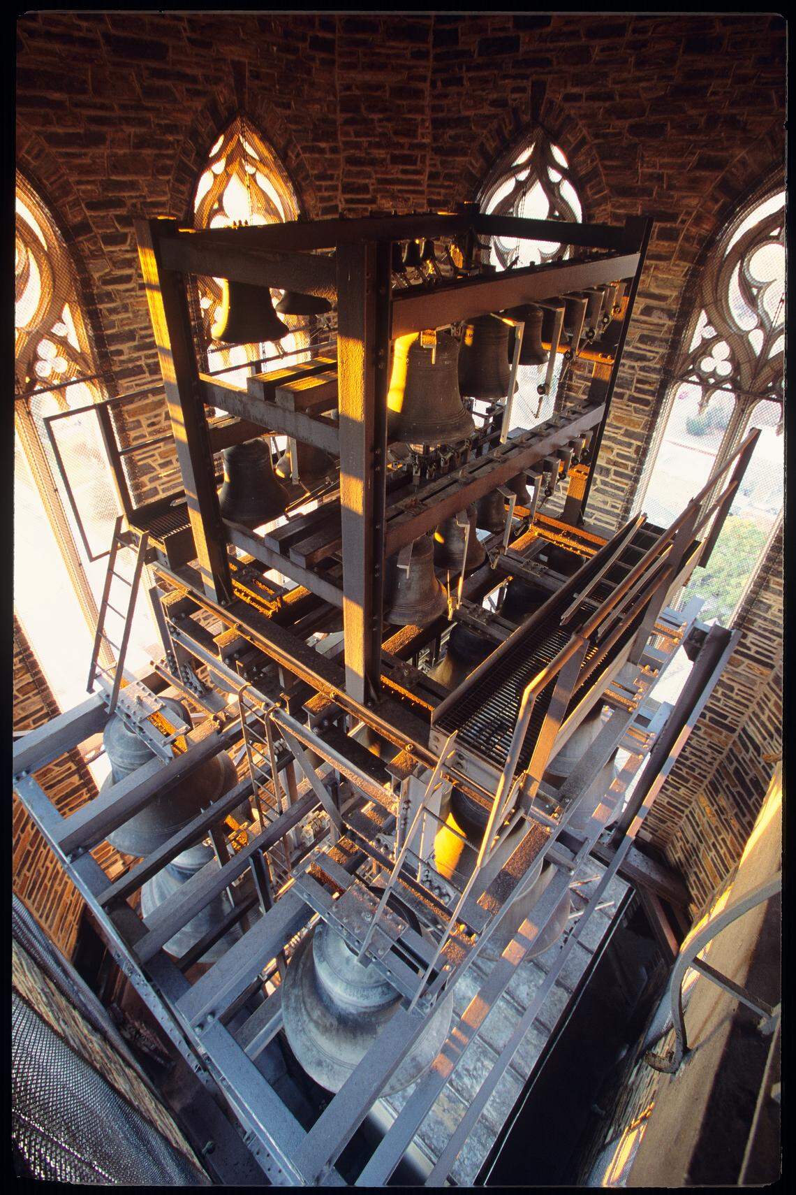 The 50-bell carillon atop Duke University Chapel’s tower plays every weekday at 5 p.m. Even as the campus has largely shut down during the coronavirus pandemic, the end-of-workday concerts have continued but are streamed live on on Duke Chapel’s Facebook page.