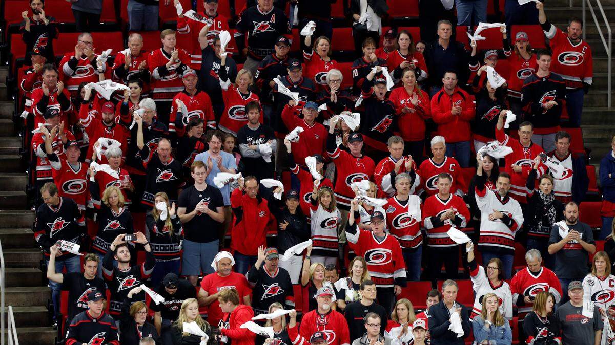 Canes fans give the team a standing ovation as time runs out in the third period of the Boston Bruins’ 4-0 victory over the Carolina Hurricanes in game four of the Eastern Conference finals at PNC Arena in Raleigh, N.C. Thursday, May 16, 2019.