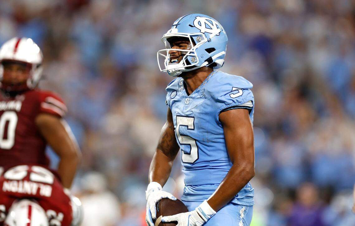 North Carolina wide receiver J.J. Jones (5) celebrates after making a first down during the first half of UNC’s game against South Carolina in the Duke’s Mayo Classic at Bank of America Stadium in Charlotte, N.C., Saturday, Sept. 2, 2023.